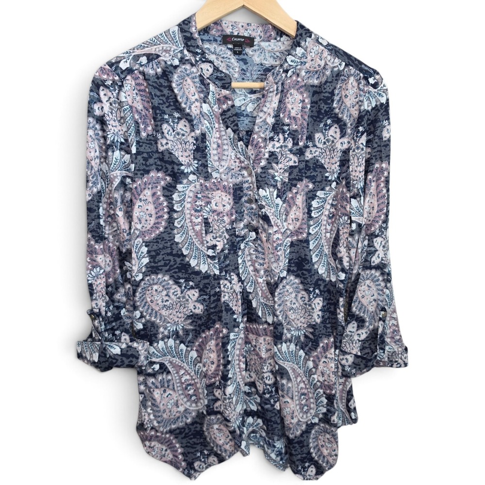 Cocomo Top Womens Large Blue Purple Paisley Roll Tab Sleeve Henley Tunic Blouse